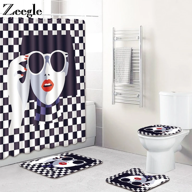 Zeegle Shower Curtain and Bath Mat Set Anti Slip Toilet Pedestal Rug Absorbent Bathroom Doormat Toilet Seat Cover Mat Toilet Set