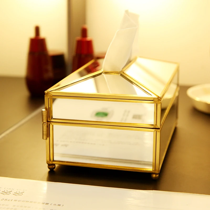 ANFEI Новое поступление Золотая стеклянная коробка для салфеток высокого качества стеклянная коробка для макияжа коробка для салфеток шкатулка с зеркалом крышка