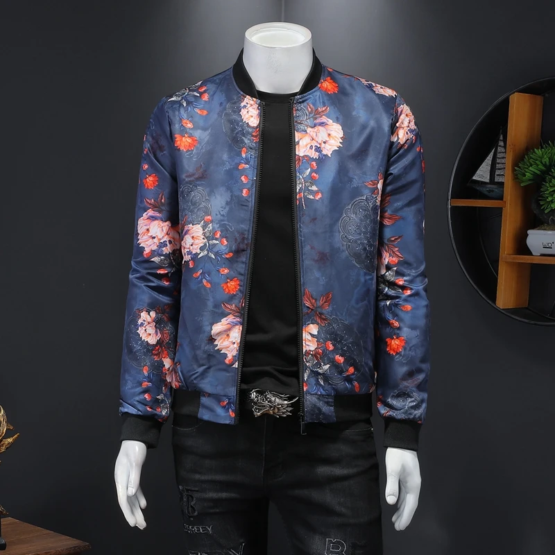2021 Autumn New Floral Printed Jackets Men Fashion Slim Fit Casual Jacket Streetwear Stand Collar Flower Bomber M-5xl | Мужская одежда