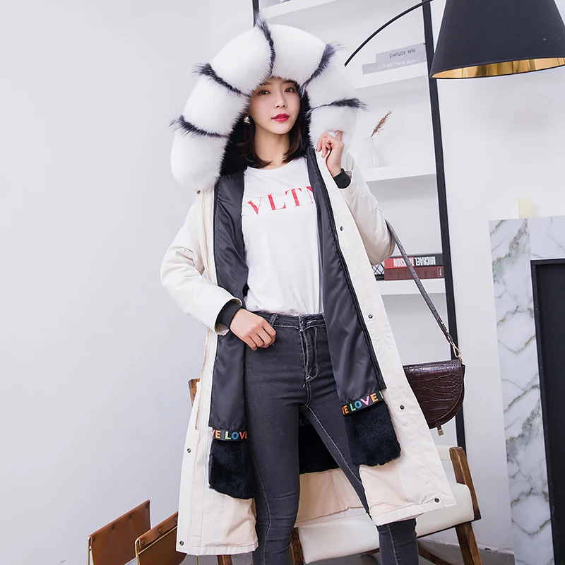 

2020 New Waterproof Real Fur Coat Long Parka Winter Jacket Women Natural Fox Fur Collar Hood Rabbit Fur Liner Slim Warm