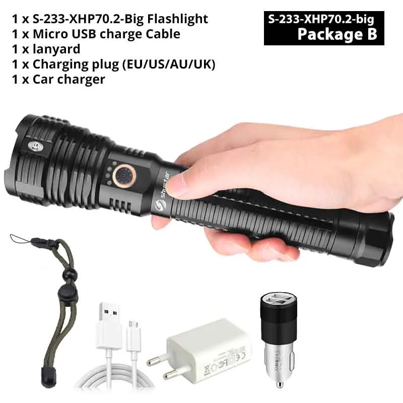 Мощный светодиодный светильник-вспышка XHP70.2, перезаряжаемый через USB, тактический фонарь, водонепроницаемый, с увеличением, 5 режимов, высокомощный, уличный светильник - Испускаемый цвет: S-233-Big-B