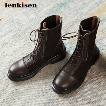 

Lenkisen large size knitting boots real leather patchwork convenient round toe thick med heel zipper daily wear ankle boots L66