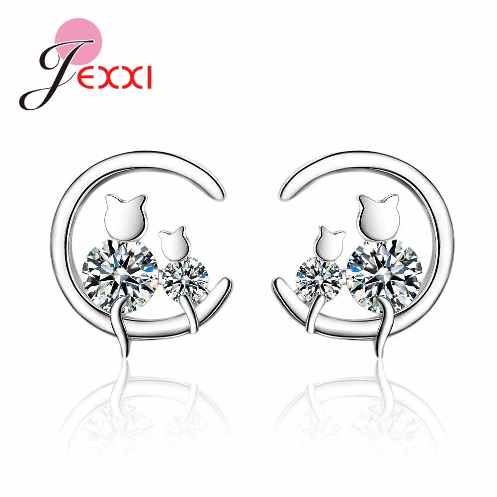 Nice Woman Girl Stud Earrings Top Grade AAA Zircon 925 Sterling Silver Cat Mother/Baby Original Design Ear Decoration Jewelry