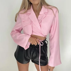 Mulheres chique senhora do escritório blazer dupla camada bandagem magro manga comprida bolso curto casaco vintage moda feminina outerwear
