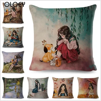 

Color Cute Cartoon Girl and Pet Dog Linen Square Soft Cushion Cover 45cmx45cm Home Bedroom Hotel Car Decoration Cushion Cover .
