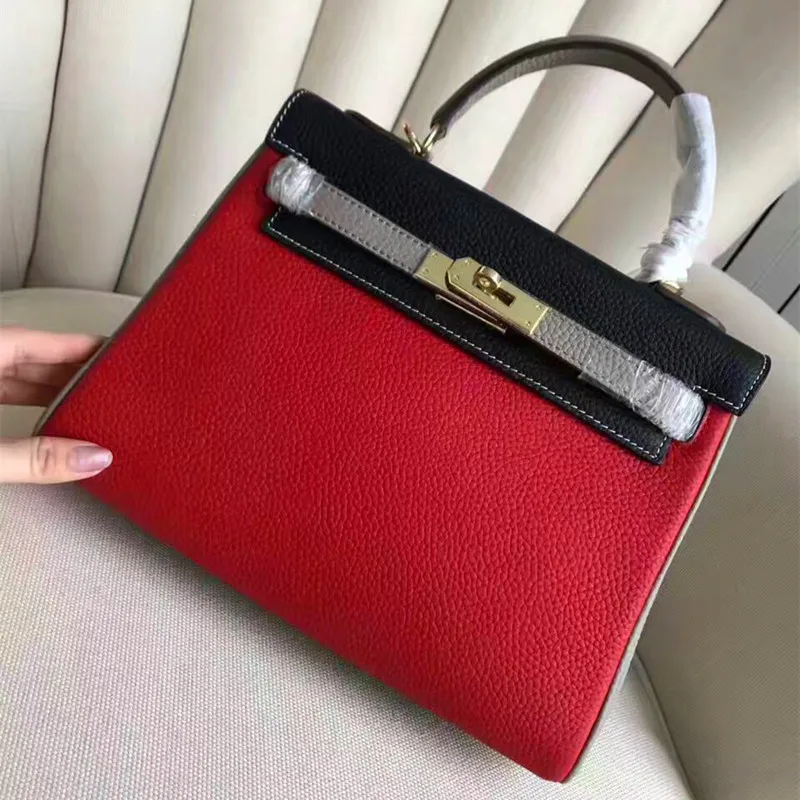 

Lady Tote Bag Litchi Pattern Cowhide Real Leather Panelled Women Handbag Color Three Patchwork Lock Crossbody Shoulder Designer
