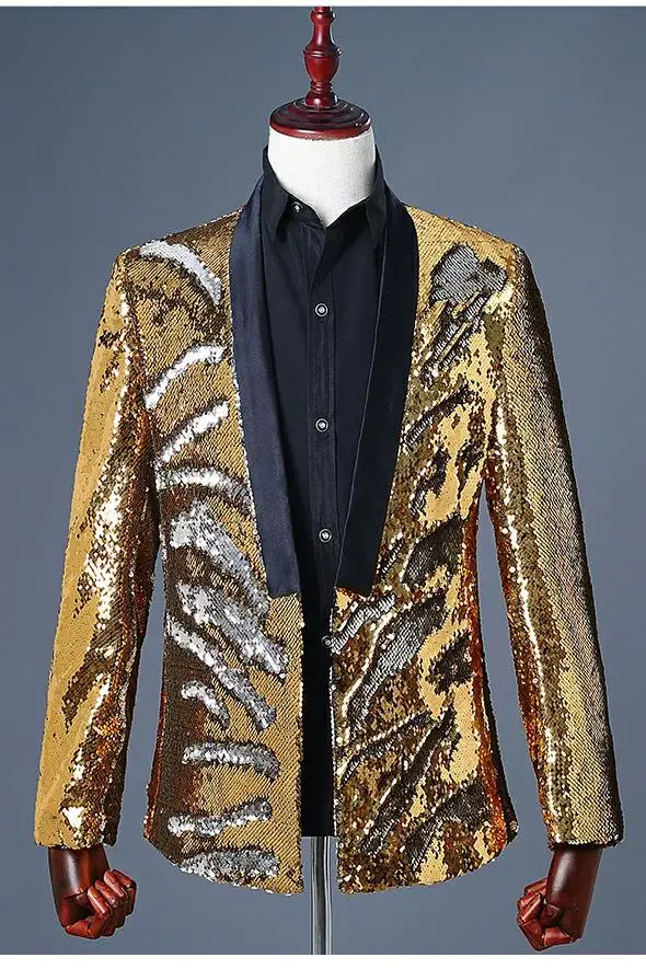 Mens Bling Bling Costume Sequin Nightclub Bar Stage Blazer Jacket Cosplay Coat