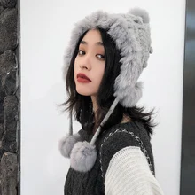 Зимние шапки-бини женские серые однотонные вязаные Повседневные шапки для девочек корейская теплая шапка с густым мехом круглые помпоны Шапка-бини