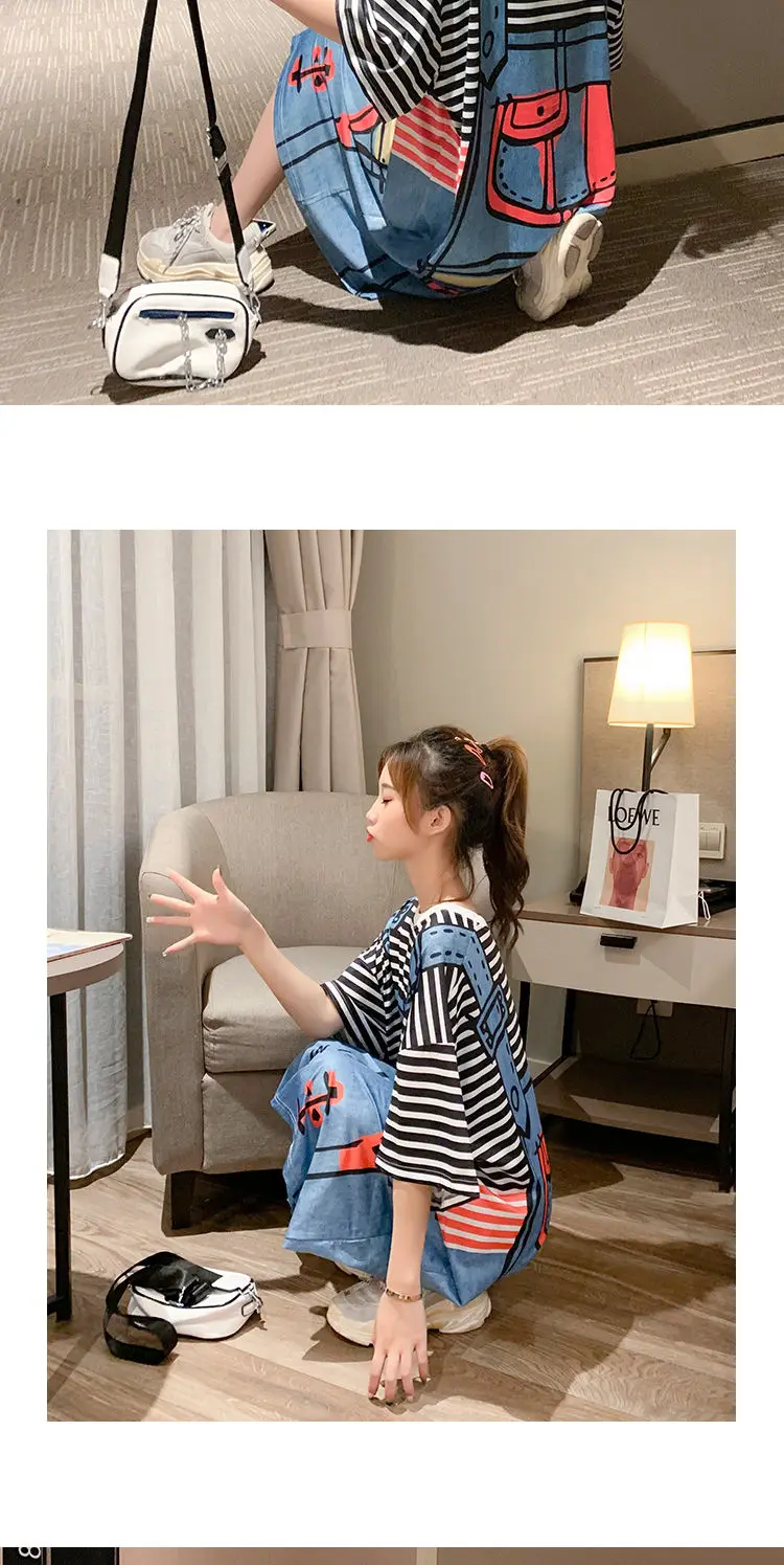Dress Women Striped Cartoon Printed Oversize Hot Selling Long Dresses Graphic Ulzzang Female Lovely Chic Streetwear Popular Maxi