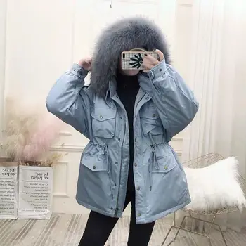 

Korean White Winter Duck Women Down Coat Real Raccoon Dog Fur Collar Puffer Jacket Parka YY1610