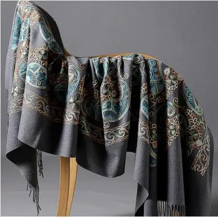 Вышитый цветок кашемировый шарф Пашмина женский зимний теплый тонкий шарф с кистями оверсайз шаль мода шаль шарфы - Цвет: gray