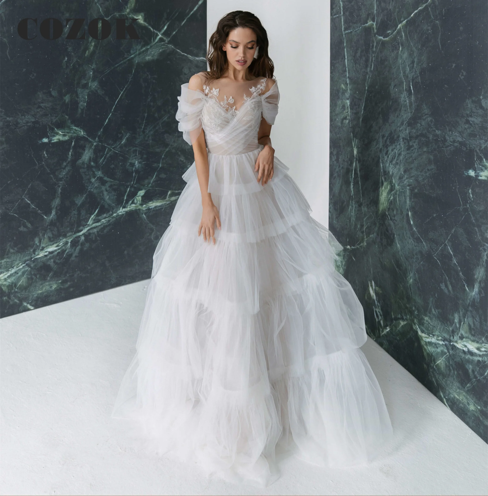 

Short Puffy Sleeve Elegant Wedding Dresses A-line Tulle Lace Appliques Long Formal Bridal Gowns CO07