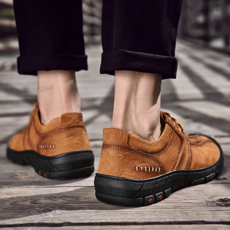 Мужская обувь ручной работы из натуральной кожи; Повседневная Уличная обувь на шнуровке; кроссовки на толстой нескользящей подошве; мужская обувь