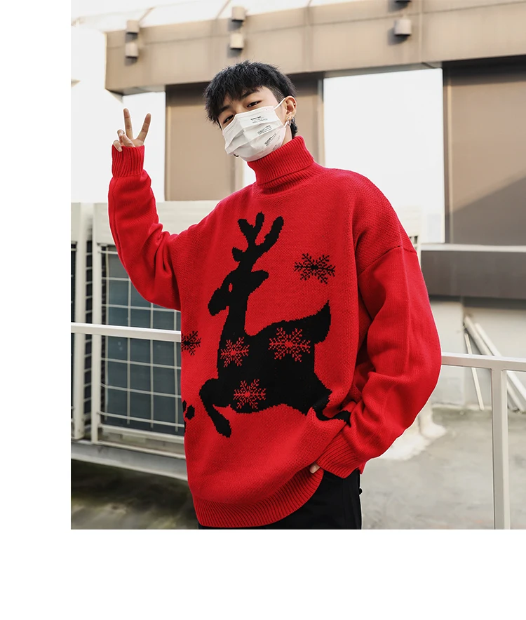 Winter Turtleneck Sweater Men's Warm Fashion Print Casual Knit Sweater Man Street Wild Loose Long Sleeve Pullover Men Clothes