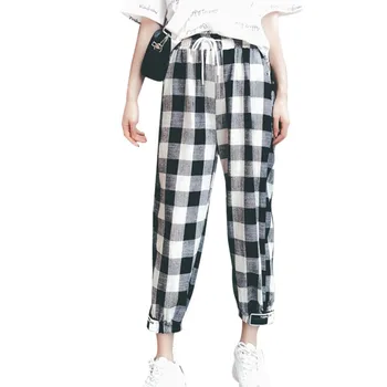 

O Korean Style Women Mid Waist Straight Plaid Print Ankle-Length Pants Polyester vadim harajuku pantalon femme befree