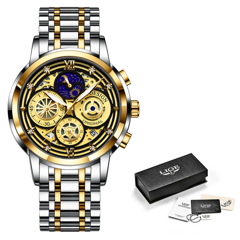 2021 New LIGE Sport Men Watch Top Brand Luxury Gold Stainless Steel Quartz Wrsit Watch Men Fashion Hollow Waterproof Chronograph 