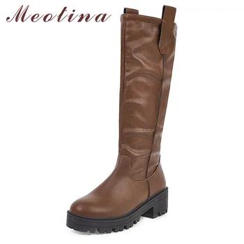 

Meotina Women Boots Autumn Ankle Boots PU Leather Square Heels Long Boots Pleated Round Toe Shoes Ladies Winter Large Size 34-46