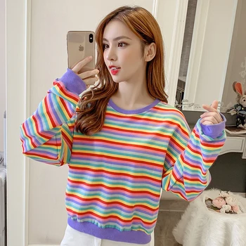 

Autumn Woman Sweatshirt New Korean Edition Long Sleeve O-neck Rainbow Color Striped Loose Casual Sweatshirt Harajuku Pullovers