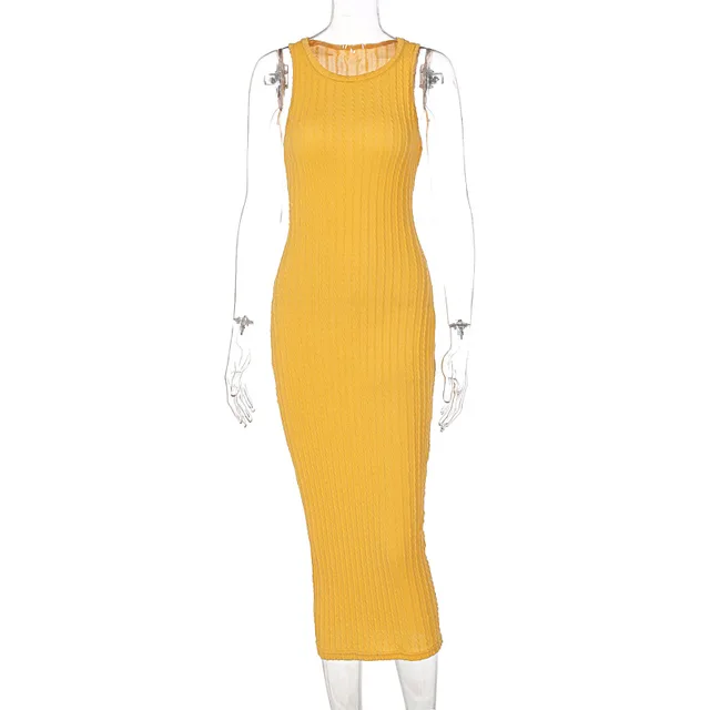 Gymystar 2021 New Autumn Fashion Sleeveless Round Neck Dresses Women Casual Sexy Bodycon Midi Dress For Women Yellow