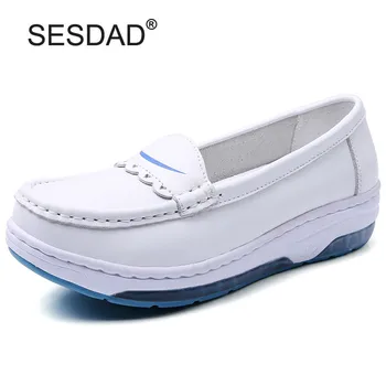 

Big Size 40 Women Wedges Nurse White Shoes Genuine Leather Slip On Pumps Single Lady Shoes Rubber Soles Beauty Medical Work Shoe