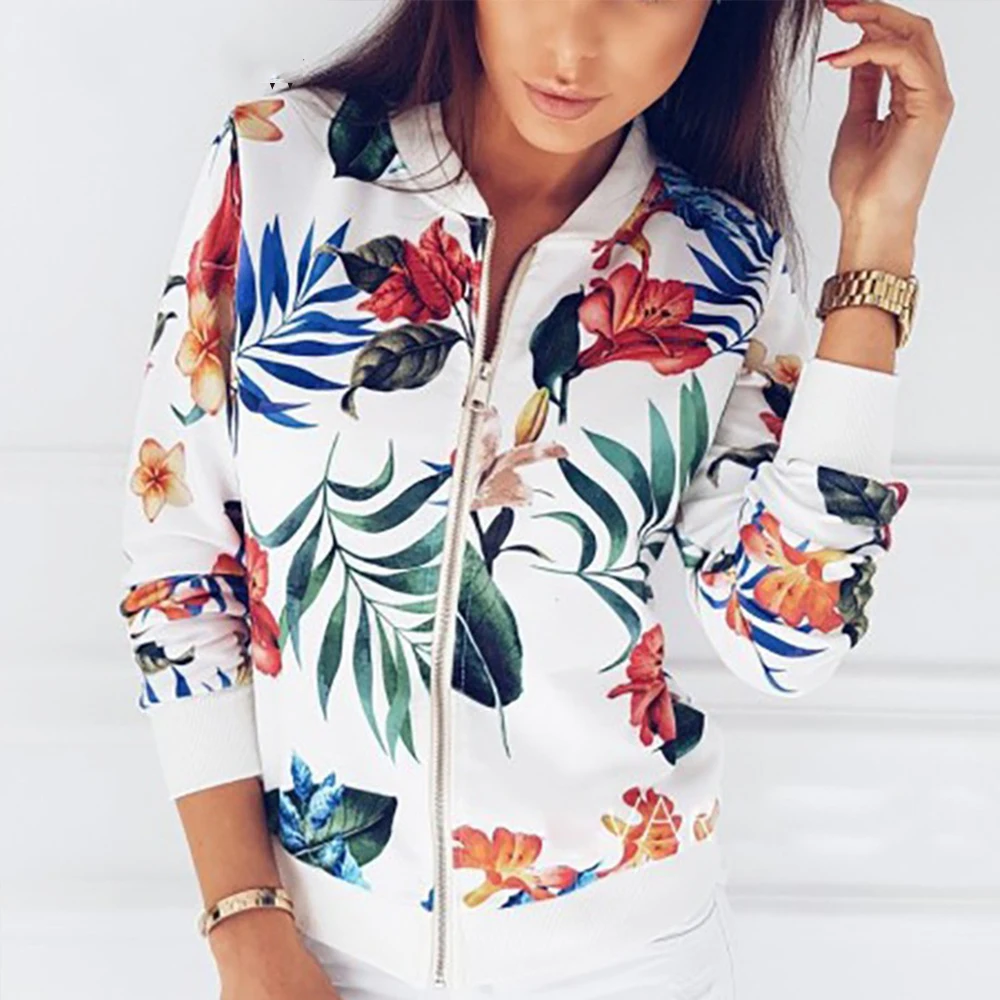 

Print Bomber Jacket Women Flowers Zipper Up Retro Coat Spring Summer Long Sleeve Basic Plus Size Short Biker Jackets Female