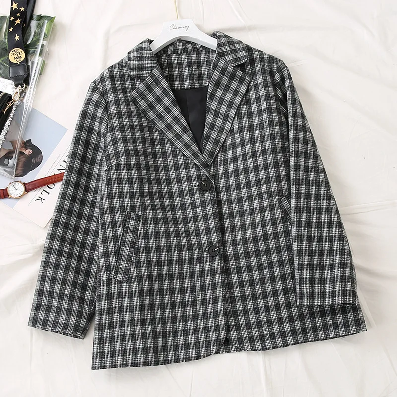 

2020 new spring and autumn loose plus size ladies jacket Casual Check Women's Blazer Fashion small suit Feminine coat
