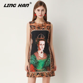 

LINGHAN Designer Women Spring Summer Vintage Sleeveless Character Print Mini Dress Elegant Party Dresses