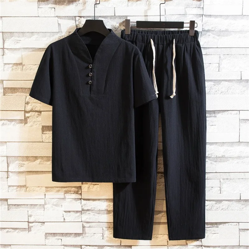 Китайский стиль мужской летний хлопок и лен плюс размер 2 шт наборы короткий рукав v-образным вырезом футболки Drawstring талия лодыжки длина брюки - Цвет: black