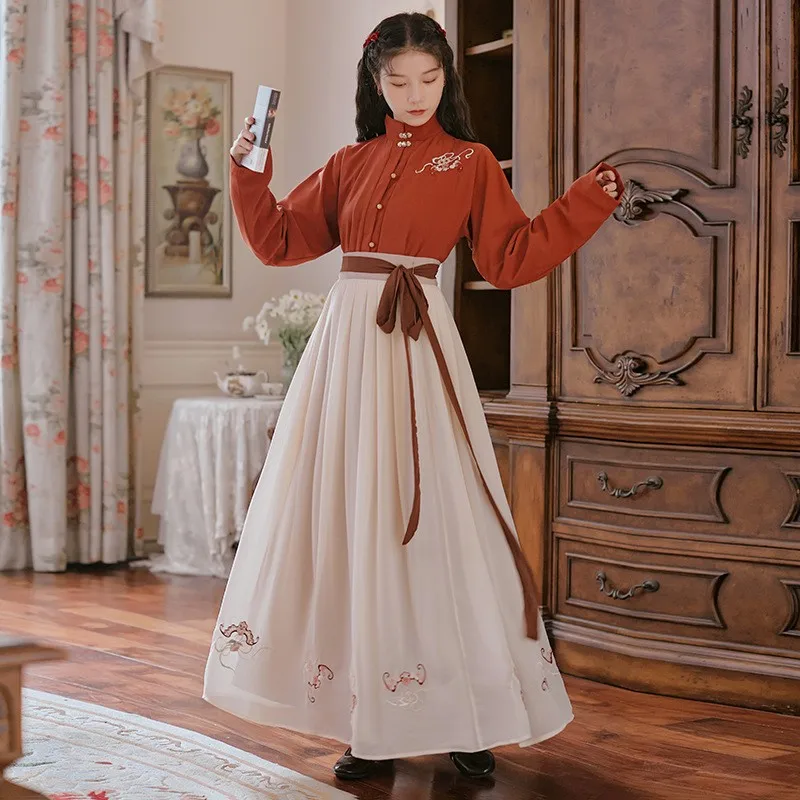 

Autumn Winter Women Hanfu Suit Long Sleeve Stage Show Costume Chinese Style Female Dresses Vinatge Embroidery Daily Wear