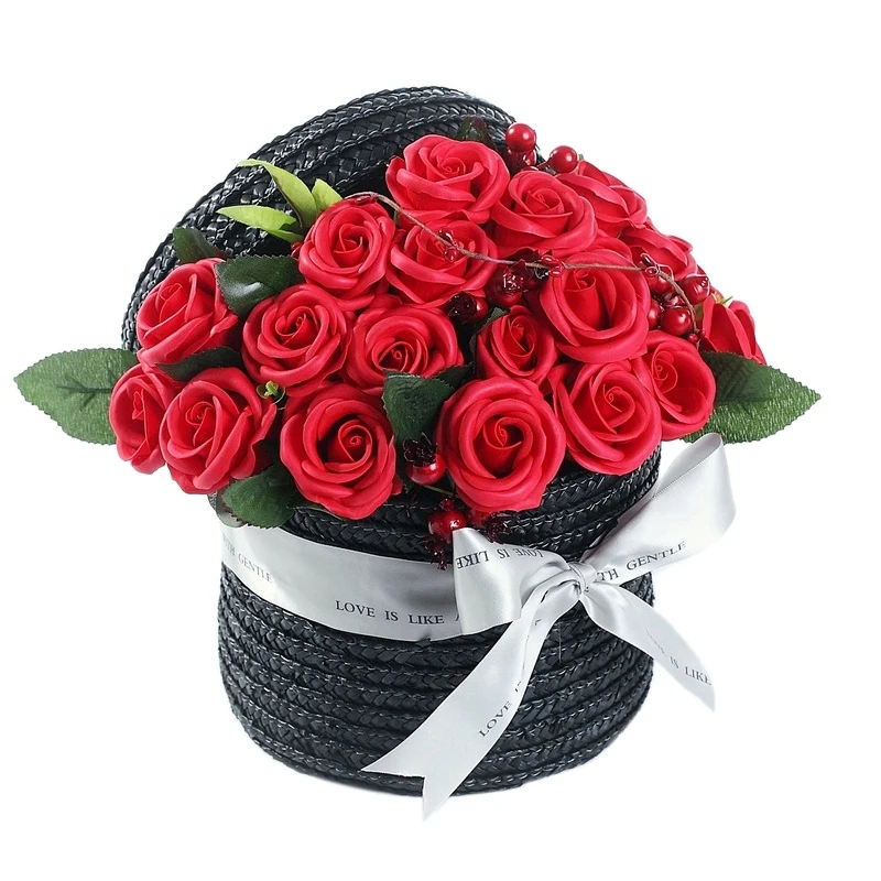 

Valentine's Day Design Retro Woven Basket Red Rose Soap Flower Gift Box Bouquet Birthday Gift