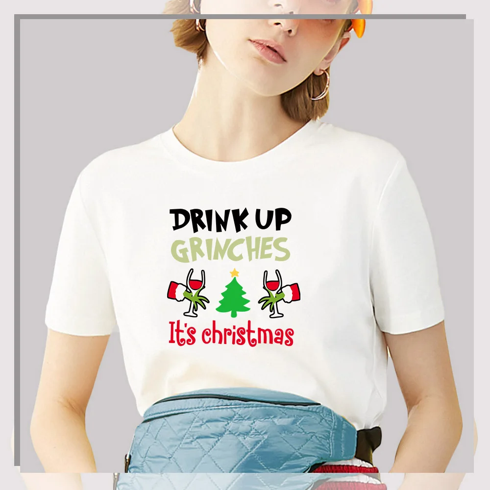 2QIMU Drink Up Grinches It's Christmas футболки модные графические женские Топы футболка с коротким рукавом женская Праздничная футболка