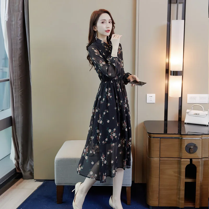 

2019 New Style Spring And Autumn Popular Long Skirts Korean-style Elegant V-neck Floral-Print Chiffon Dress Waist Hugging Gentle