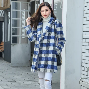 

grid cloth coat female in han edition loose long new winter show thin with thick woolen cloth coat