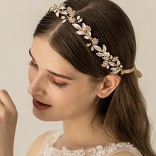 Золотая свадебная повязка на голову, богемный головной убор, Кристальные жемчужные волосы, лоза, цветок, Halo, свадебные аксессуары для волос