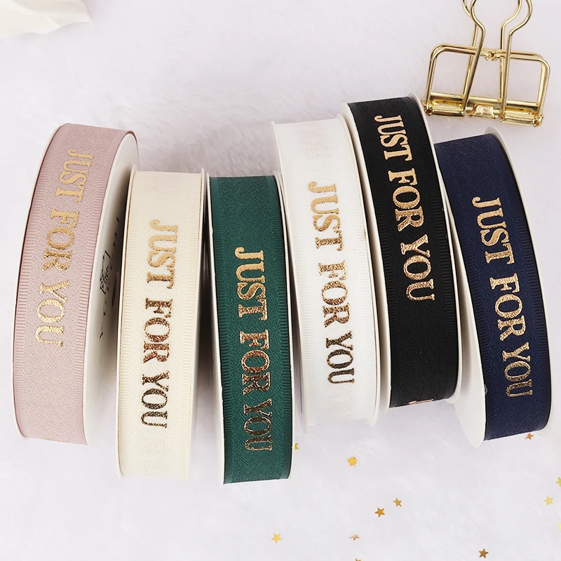

HOT 9M/ROLLS JUST FOR YOU Bronzing Printed Polyester Silk Ribbon for Wedding Christmas Party Decorations DIY Lace Gifts Wrapping