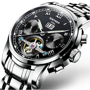 Black Silver Band KINYUED автоматические мужские деловые часы из нержавеющей стали, светящиеся часы топ бренда, мужские часы с полным календарем, Relogio Masculino - Цвет: Black Silver Band