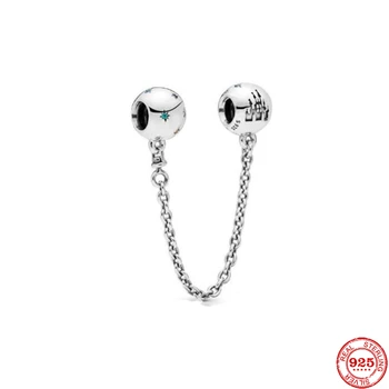 Silver 925 Sparkling Clear Sparkle Flower Safety Chain Charm Bead Fit Original Pandora Bracelet Pendant DIY Jewelry For Women 21
