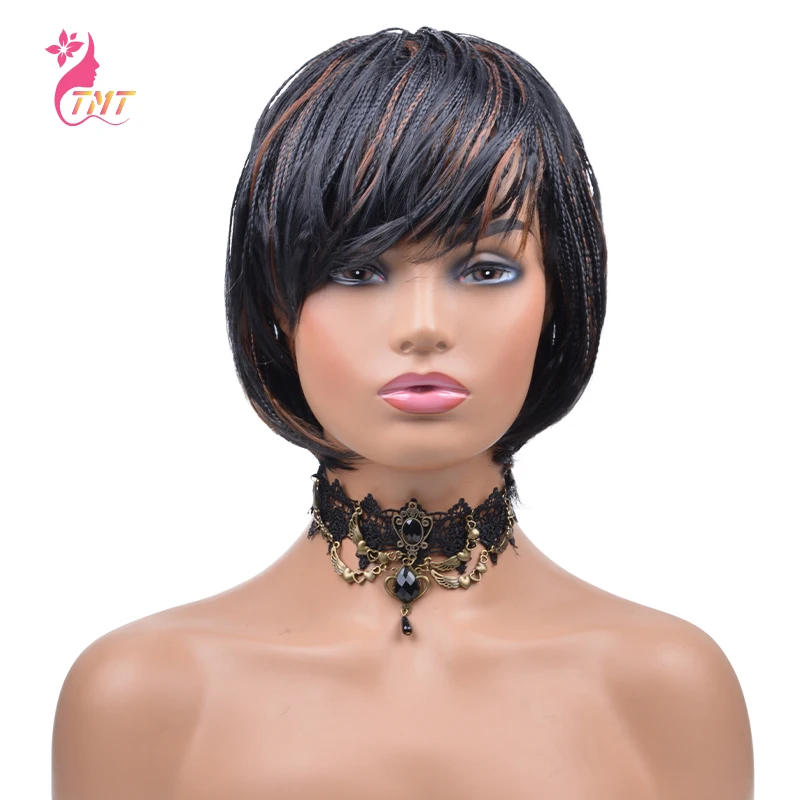 Short Braided Wig with Bangs Synthetic Box Braids Crochet Braiding Wigs for Women Heat Resistant Pixie Cut Micro Braided Wig