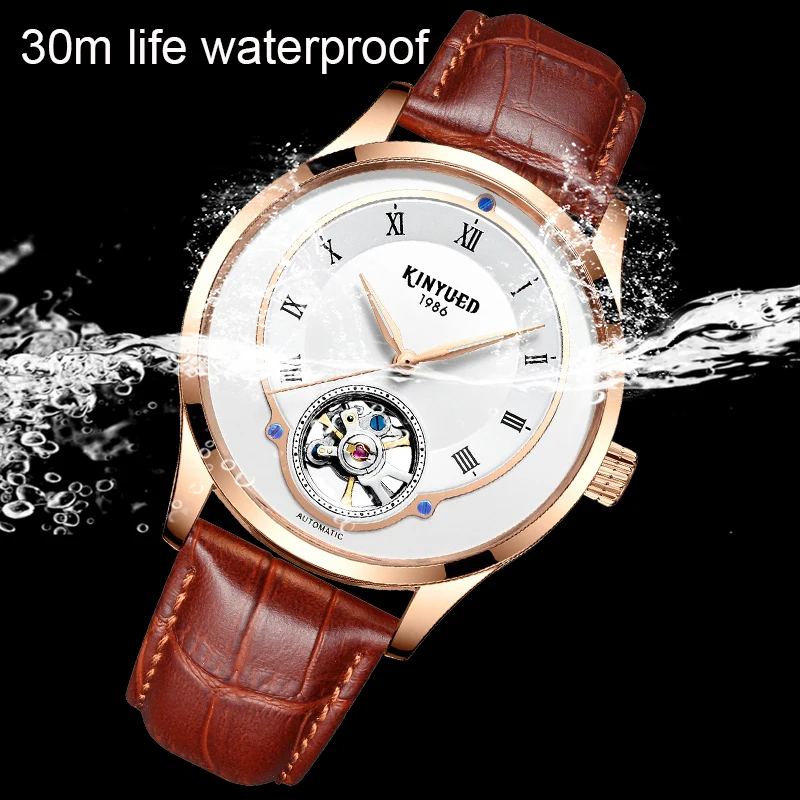 

KINYUED Men Watch Luxury Brand Tourbillon Automatic Mechanical Watch Leather Self-Winding Designer Mens Wristwatch Montre Homme