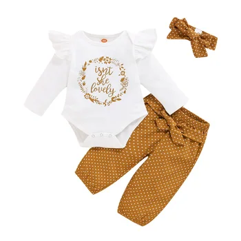 

Newborn Baby Girls 3pcs Clothes Sets Letter Printed Bodysuits And Polka Dot Printed Pants Heandband Autumn Infant Clothing D30