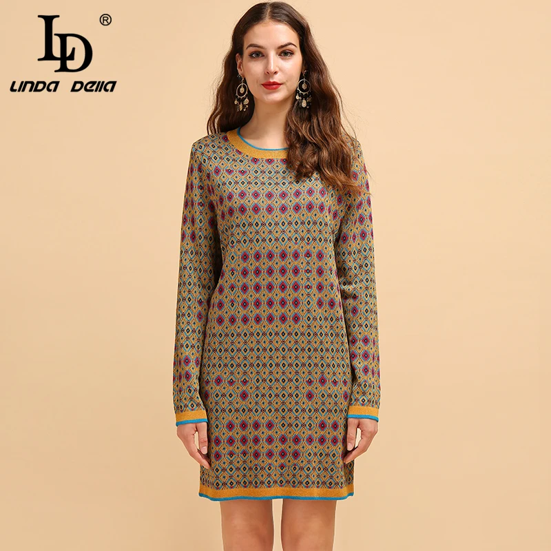 

LD LINDA DELLA Fashion Runway Autumn Knitting Dress Women's Long Sleeve Plaid Pattern Elegant Vintage Loose Mini Short Dresses