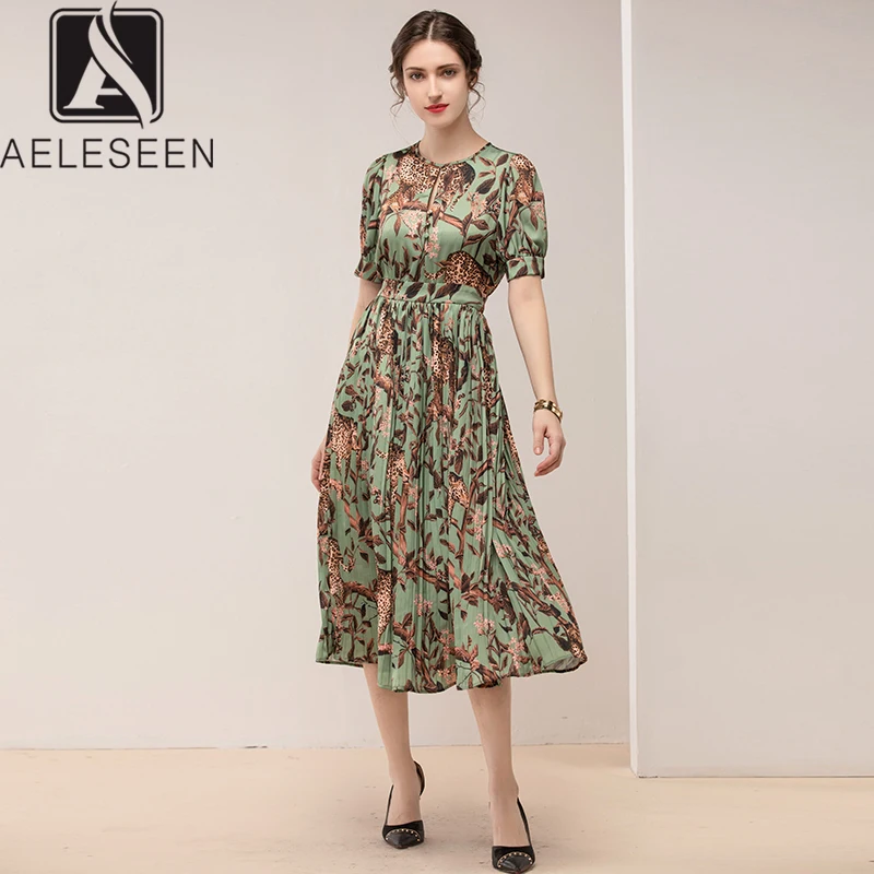 

AELESEEN Runway Design Animal Print Dresses Women Elegant Pleated Leopard Printed Vintage Green Lantern Sleeve Mid-Calf Dress