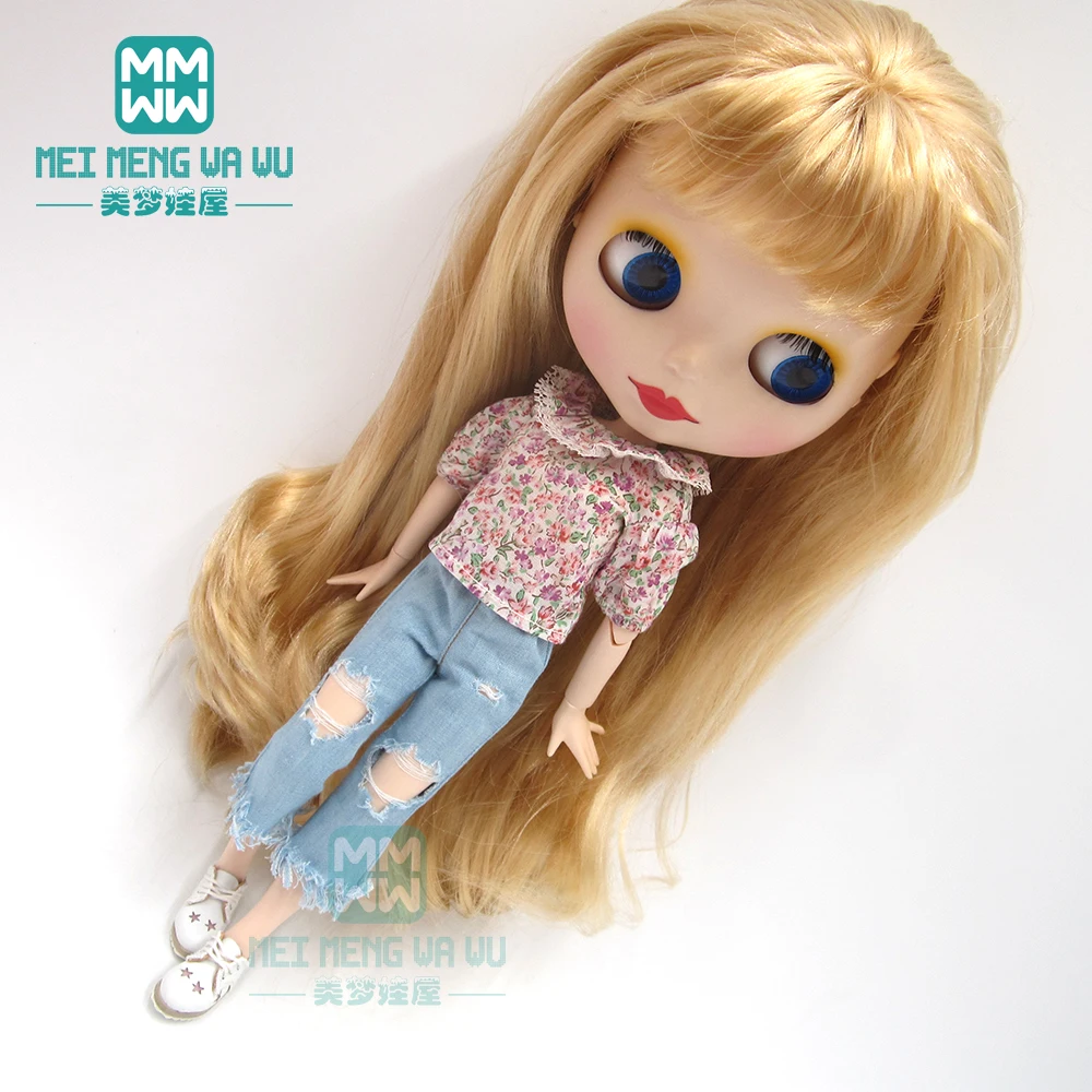 

Blyth clothe fashion Lantern Sleeve Shirt, Shredded Jeans, White Leather Shoes for Blyth Azone 1/6 doll accessories
