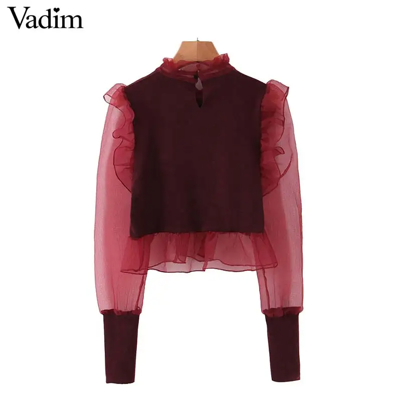 Vadim, женские Ретро Блузки из органзы в стиле пэчворк, прозрачные рубашки с длинным рукавом, офисная одежда, стильные короткие топы с оборками, блузы LB681