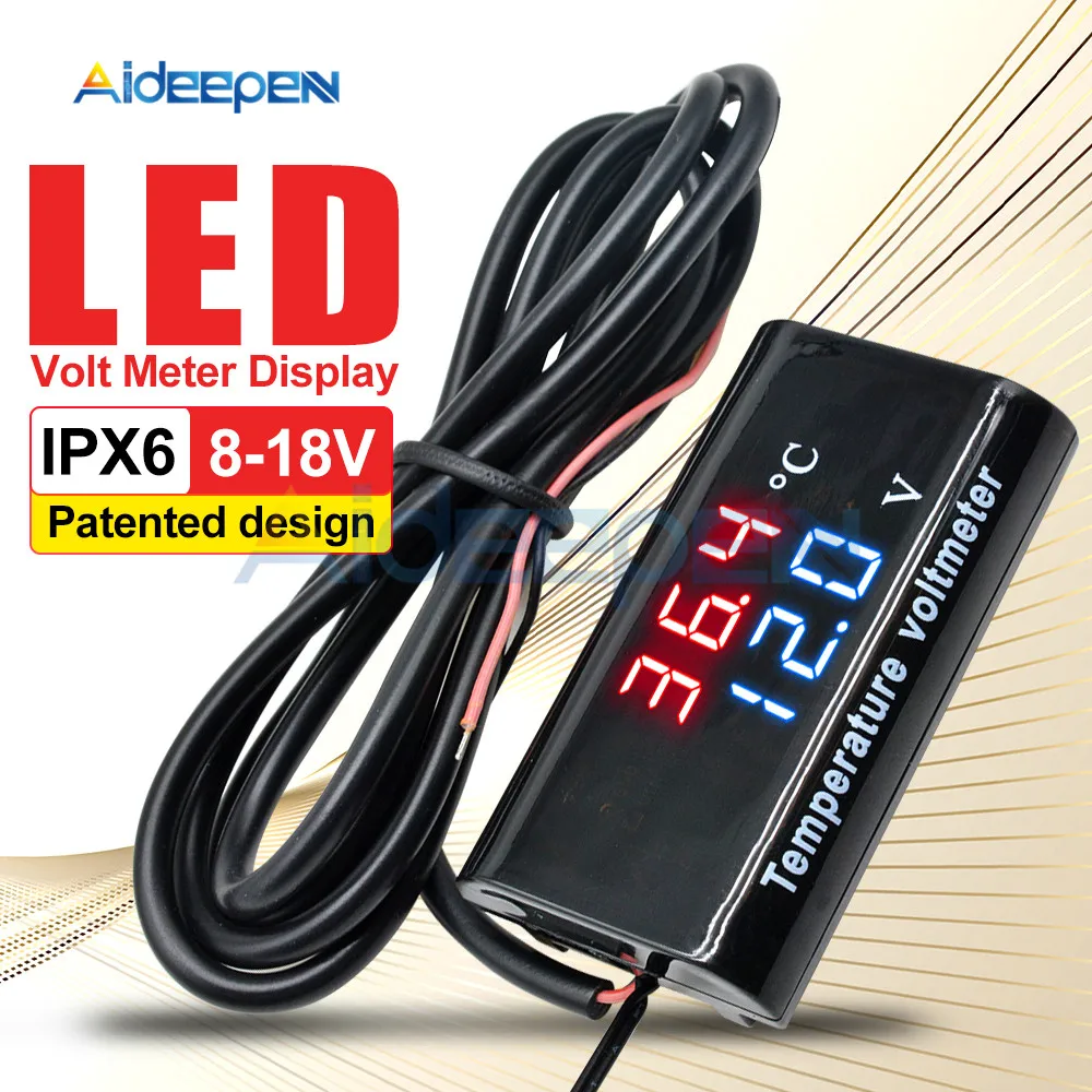 DC 12V IPX6 Waterproof Digital Temperature Voltmeter Car Boat Motorcycle 0.56inch LED