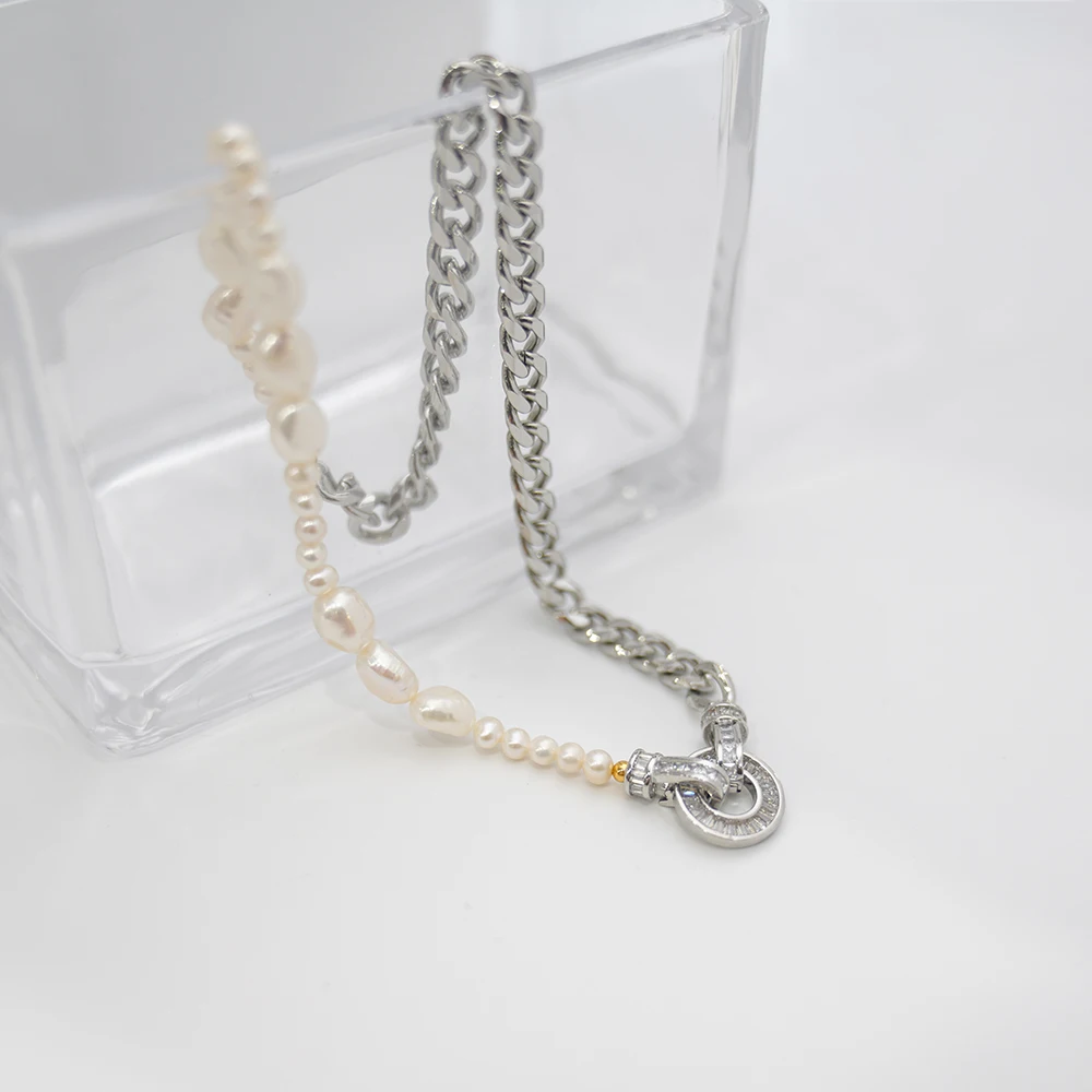 Amorita boutique fashion Natural pearl chain stitching design metal necklace