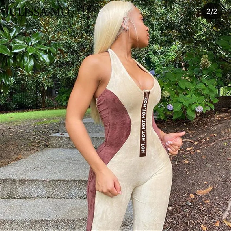 JULISSA MO Halter Backless Pink Jumpsuit Sexy Romper Women Hot Letter Zipper Jumpsuits Velvet Patchwork Bodycon Sporty Overalls JULISSA MO Halter Backless Pink Jumpsuit Sexy Romper Women Hot Letter Zipper Jumpsuits Velvet Patchwork Bodycon Sporty Overalls