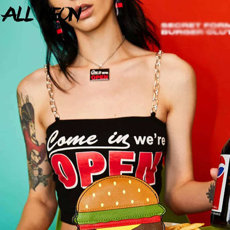 

ALLNeon Punk Chain Cropped Camis Tops Letter Print Backless Sexy Straped Tanks Fashion Summer Sleeveless Grunge Black Tops New