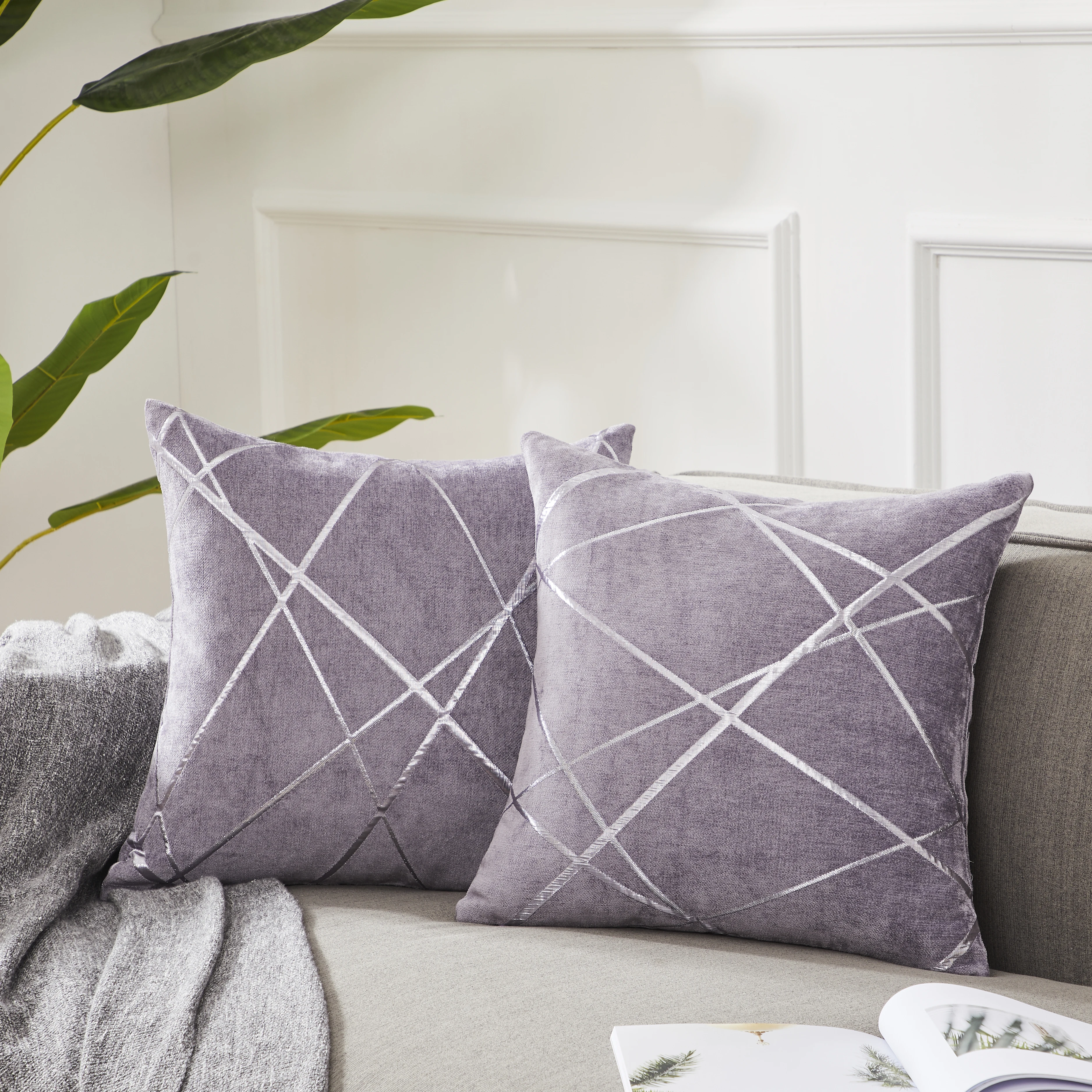 purple and grey throw pillows