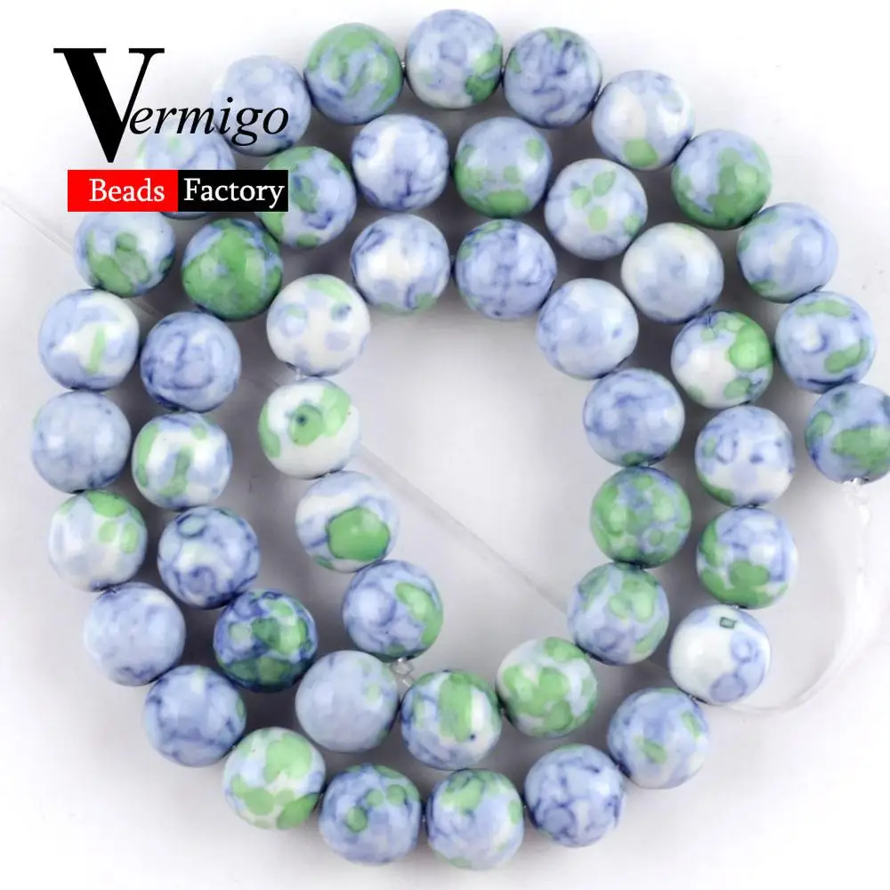 Натуральные дождевые цветы из камней бусины для изготовления ювелирных изделий розовый синий, фиолетовый, зеленый Круглые бусины ожерелье самодельное браслет 4 мм-12 мм 15'' - Цвет: Blue Green